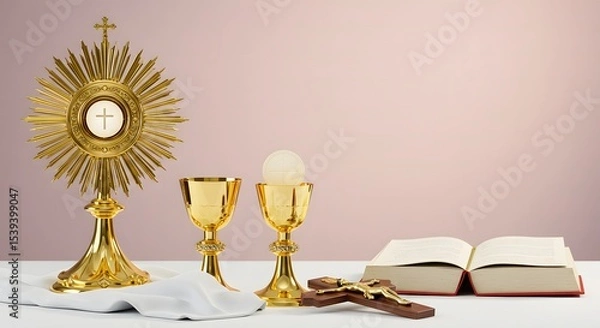 Fototapeta Corpus Christi Sacred Symbols – Religious Illustration Featuring Eucharistic Chalices, Communion Hosts, and Christian Elements Honoring the Body and Blood of Christ