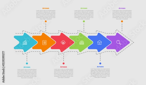 Fototapeta arrow shape infographic diagram with small arrow stacked on horizontal direction with 6 step for slide presentation