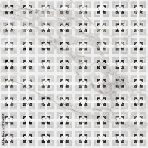 Fototapeta Geometric pattern texture with grunge stone hearts. Stylish floor wall tile heart