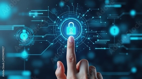 Obraz cyber privacy rights concept. Digital security concept with a hand reaching for a lock symbol.