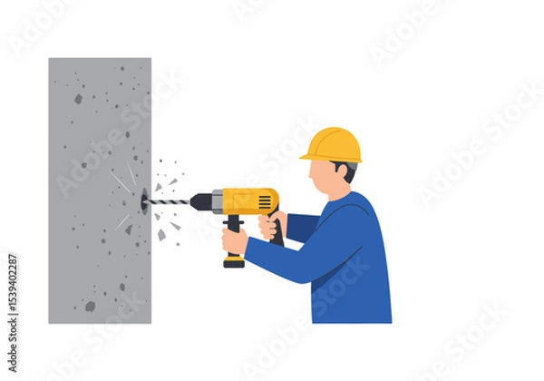 Obraz A construction worker wearing a helmet drills into a concrete wall