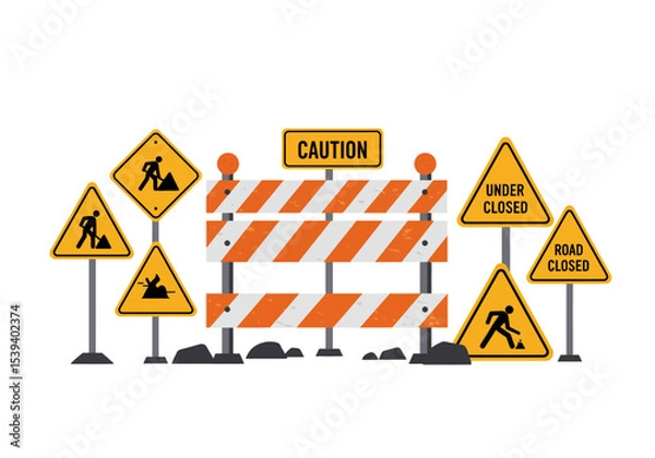 Obraz A set of construction signs include worker caution road closed and barrier markers