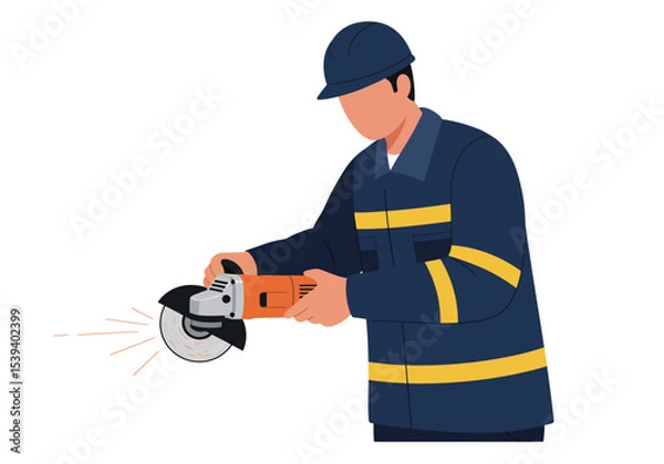Obraz A worker in safety gear is grinding metal with an angle grinder