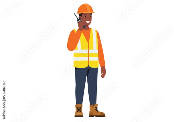 Obraz Construction worker in hard hat and safety vest holding a walkietalkie