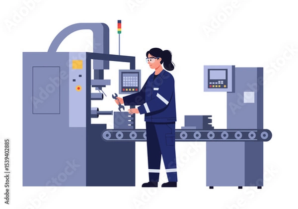 Obraz Factory worker uses a wrench on a machine on a conveyor belt