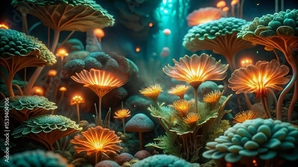 Fototapeta Enchanting Luminescent Flora in a Mystical Forest Setting