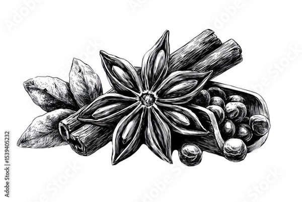 Obraz Line drawing of star anise, clove buds, pods, and plant segments in engraved spice set format. Detailed, elegant ink sketch ideal for packaging and culinary art. Ultra HD