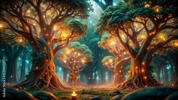 Fototapeta Enchanting forest scene with glowing trees nature fantasy scene