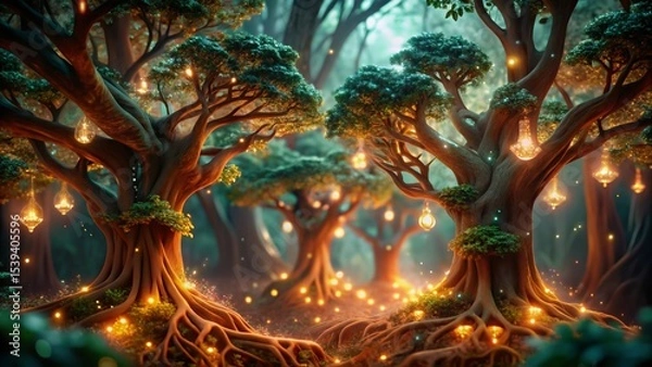 Fototapeta Enchanting Illuminated Forest Trees Fantasy Nature Scene