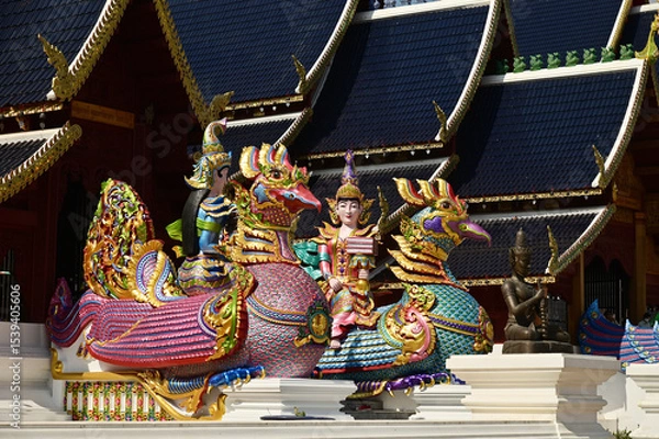 Obraz Colorful of Naga statues in Thai art decorate the steps of the ordination hall at Wat Den Sali Si Mueang Kaen temple. Located at Cheng Mai Province in Thailand.