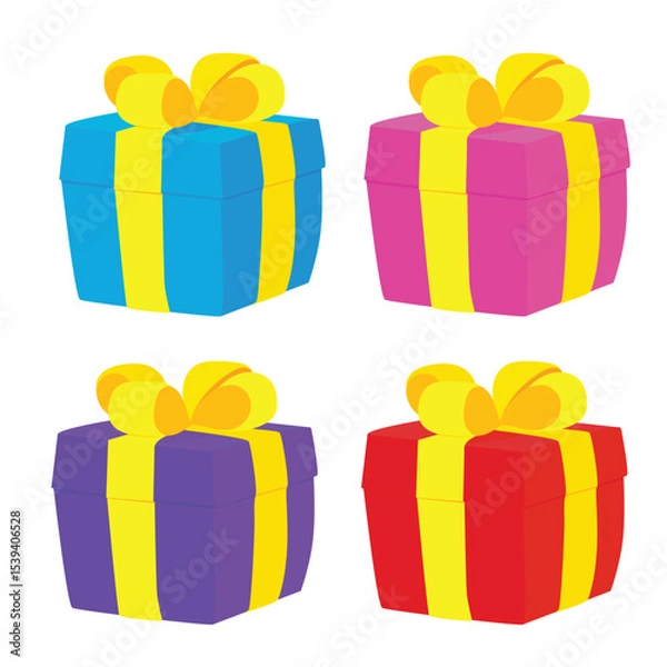 Fototapeta Flat vector set of vibrant gift boxes in red, pink, purple, and blue with yellow ribbons and bows. Perfect for use in party invites, celebration graphics, or festive-themed illustrations.