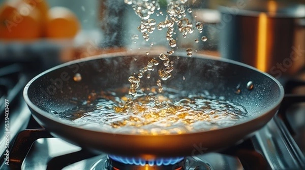 Obraz Cooking oil in motion over a gas stove, capturing bubbles and heat dynamics for culinary enthusiasts