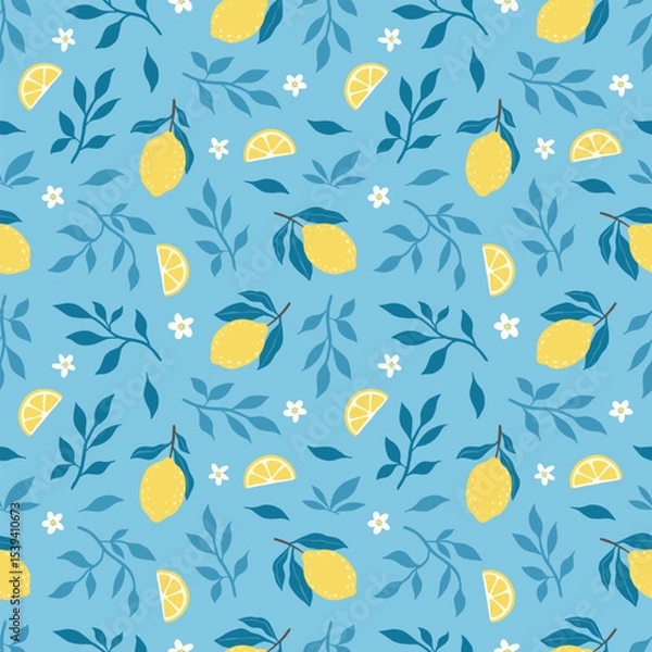Obraz Hand drawn colorful seamless pattern of hand drawn lemons leaves and lemon flowers. Citrus fruit background. Perfect for textile manufacturing wallpaper posters etc. Vector illustration	