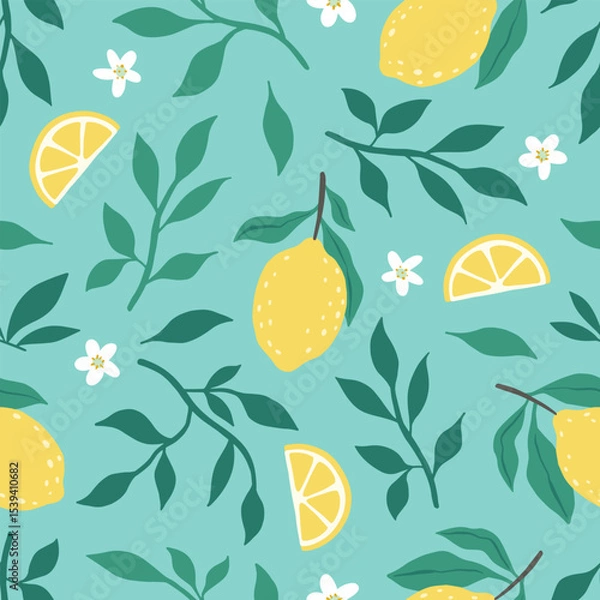 Obraz Hand drawn colorful seamless pattern of hand drawn lemons leaves and lemon flowers. Citrus fruit background. Perfect for textile manufacturing wallpaper posters etc. Vector illustration	