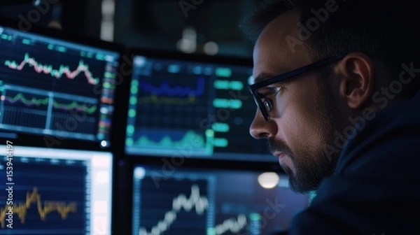 Obraz Focused stock trader analyzing market data on multiple computer screens