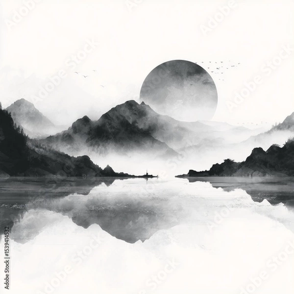 Obraz Minimal ink wash style landscape featuring full moon above misty mountains and tranquil lake, evoking serene atmosphere and traditional Chinese aesthetics, symbolic of Mid-Autumn Festival and poetic n