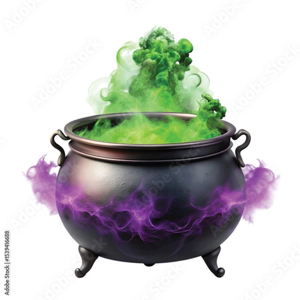 Fototapeta Cauldron with Purple Smoke: realistic PNG of black iron cauldron bubbling over with green brew and purple smoke, Halloween witch theme, transparent background
