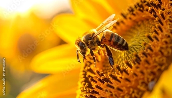 Obraz Bee pollinating sunflower at sunset.