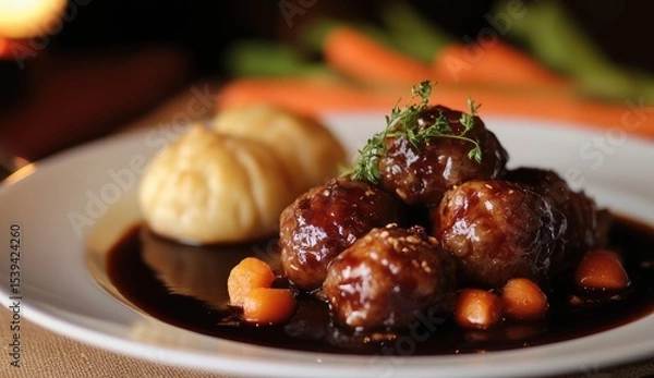 Fototapeta Meatballs, gravy, and mashed potatoes on a plate