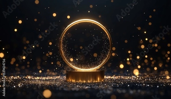 Fototapeta Gold ring-shaped podium on dark glittery surface, with bokeh lights