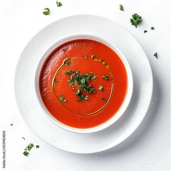 Obraz Red soup in white bowl, garnished with parsley