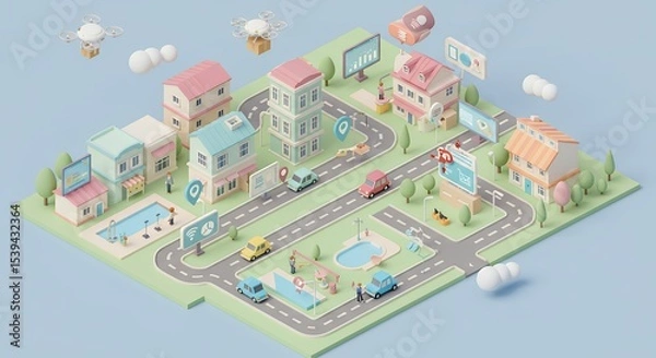 Obraz Isometric Cityscape with Pastel Buildings and Delivery Drones