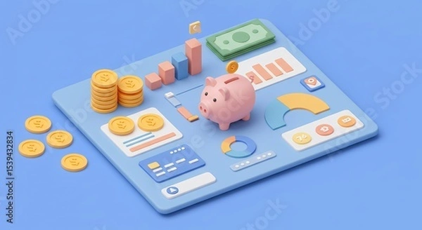 Obraz Pink Piggy Bank Saving on Blue Tablet with Coins and Charts