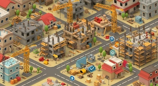 Obraz Cartoon Construction Site with Yellow Cranes and Buildings Isometric View