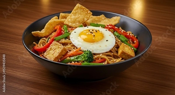 Obraz Appetizing Ramen Bowl with Tofu, Vegetables and Egg - Asian Cuisine
