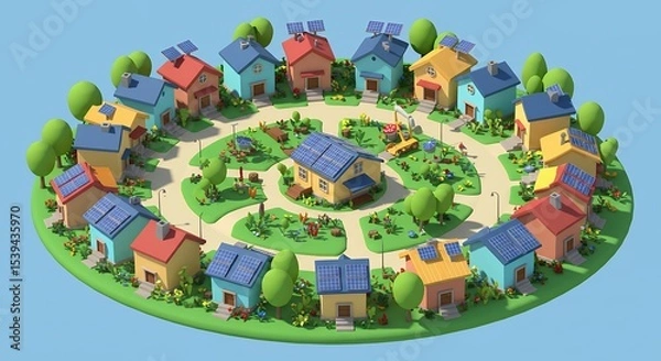 Obraz Colorful Cartoon Houses in Circular Neighborhood with Solar Panels