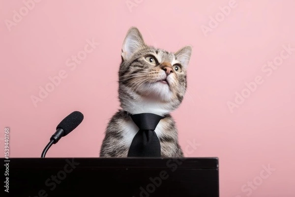 Obraz a cute cat wearing a small black necktie, standing behind a black podium with a microphone.