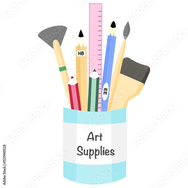 Obraz A cylinder holds art supplies including pencils, rulers, paintbrushes, and colors