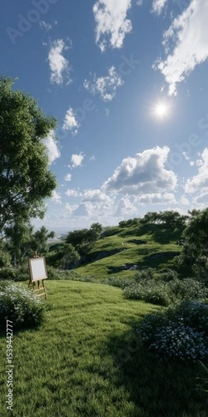 Obraz Idyllic Hillside Landscape  Blank Canvas  Easel  Grass  Trees  Clouds