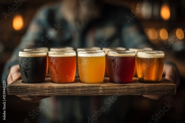 Fototapeta Person holding assorted craft beer flight on a wooden serving tray for tasting