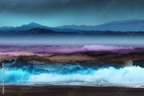 Obraz Misty mountain range meets ocean waves