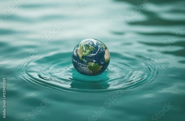 Fototapeta Earth model resting gently on rippled water surface