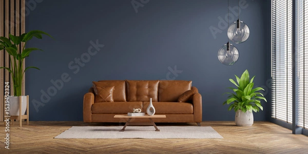 Obraz Modern living room with leather sofa and indoor plants- 3D rendering