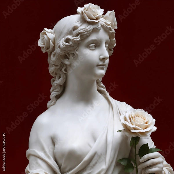 Obraz Marble Statue of Serene Young Woman with Rose Crown, Classical Sculpture in Red Background