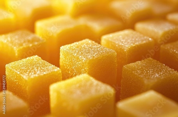 Fototapeta Close-up of many small, golden-yellow, square, sugared candies