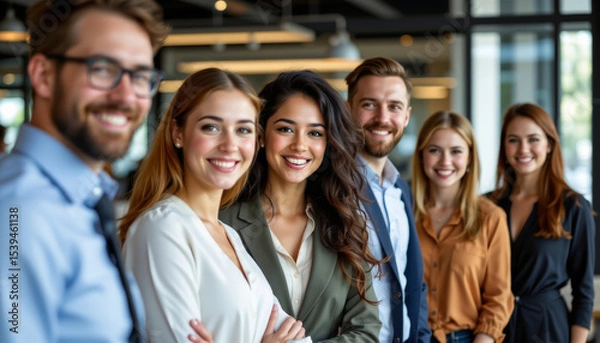 Fototapeta Smiling diverse corporate group standing in modern office environment with confident expressions and business attire