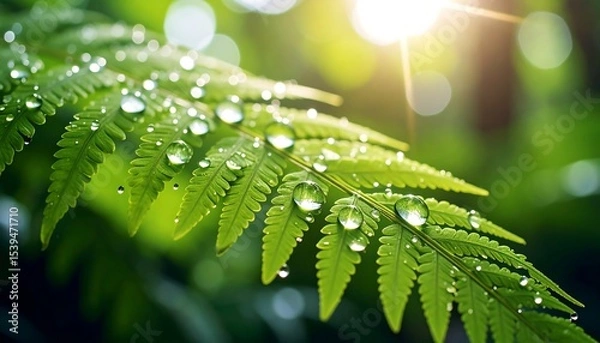 Fototapeta Dewdrops on Fern with Sunlight, and Nature.