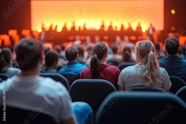 Obraz Audience seated in a dimly lit auditorium watching a panel discussion on stage with orange backlighting
