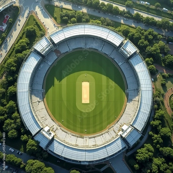 Obraz Aerial view of a modern stadium surrounded by lush greenery, with a vibrant urban skyline in the background, set under a clear blue sky, highlighting the harmony of nature
