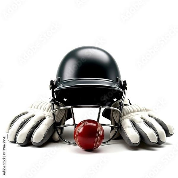 Fototapeta Set of detailed cricket gear including bat, ball, helmet, and gloves, carefully arranged and isolated on a transparent background, ideal for sports design and promotional use.