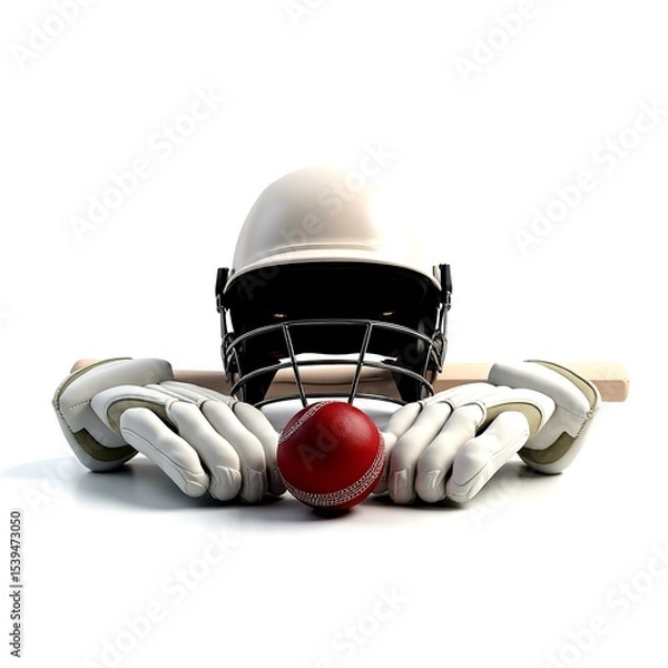 Fototapeta Set of detailed cricket gear including bat, ball, helmet, and gloves, carefully arranged and isolated on a transparent background, ideal for sports design and promotional use.