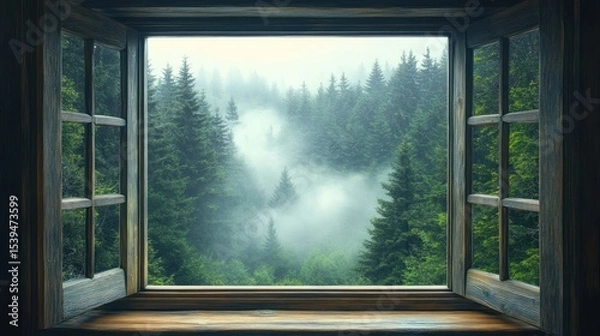 Fototapeta View through an open wooden window showing a dense foggy pine forest with mist rolling over green trees creating a peaceful and serene atmosphere