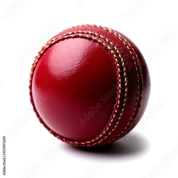 Fototapeta Shiny New Red Cricket Ball Isolated on a Pure White Background, Highlighting Its Vibrant Color and Sleek Design