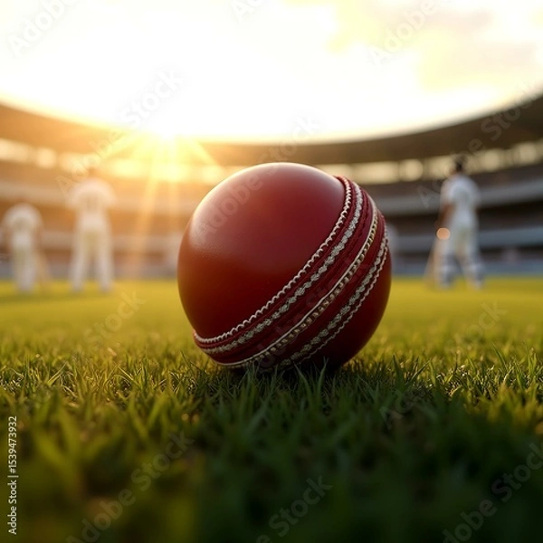 Fototapeta Red Cricket Ball on the Grass Field with a Player in White Uniform in the Background, Set Against the Dynamic Atmosphere of the Stadium Ground