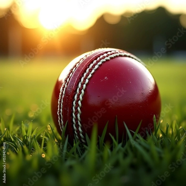 Fototapeta Red Cricket Ball Resting on the Grass with Stumps in the Foreground, Framed by the Majestic Cricket Stadium at Sunrise, Capturing the Calm Before the Game