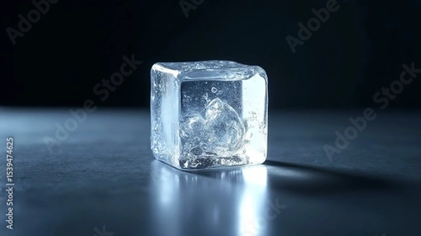 Fototapeta Icy cube in a frozen state, isolated on a white background, showcasing clarity, coldness, and freshness - perfect for beverage, cooling, or frozen product visuals